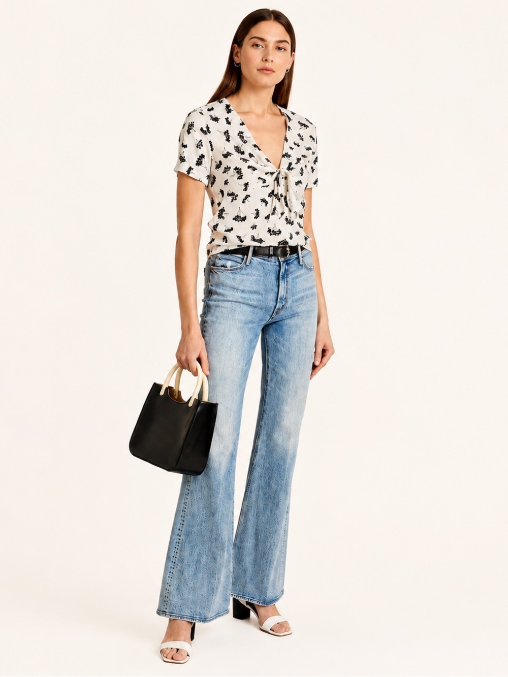 Maje Liseille Floral Print Tie Neck Top in White/Black